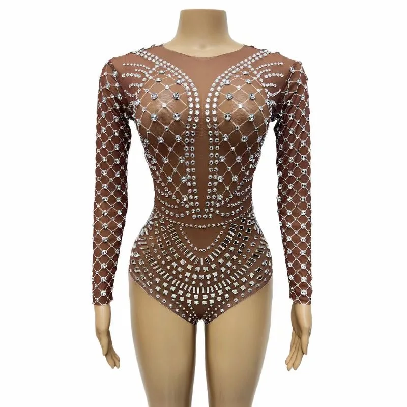 

Sparkly Full Rhinestones Bodysuit Birthday Celebrate Costume Sexy Stretch Crystals Outfit Women Stage Jazz Dance CLothing WX