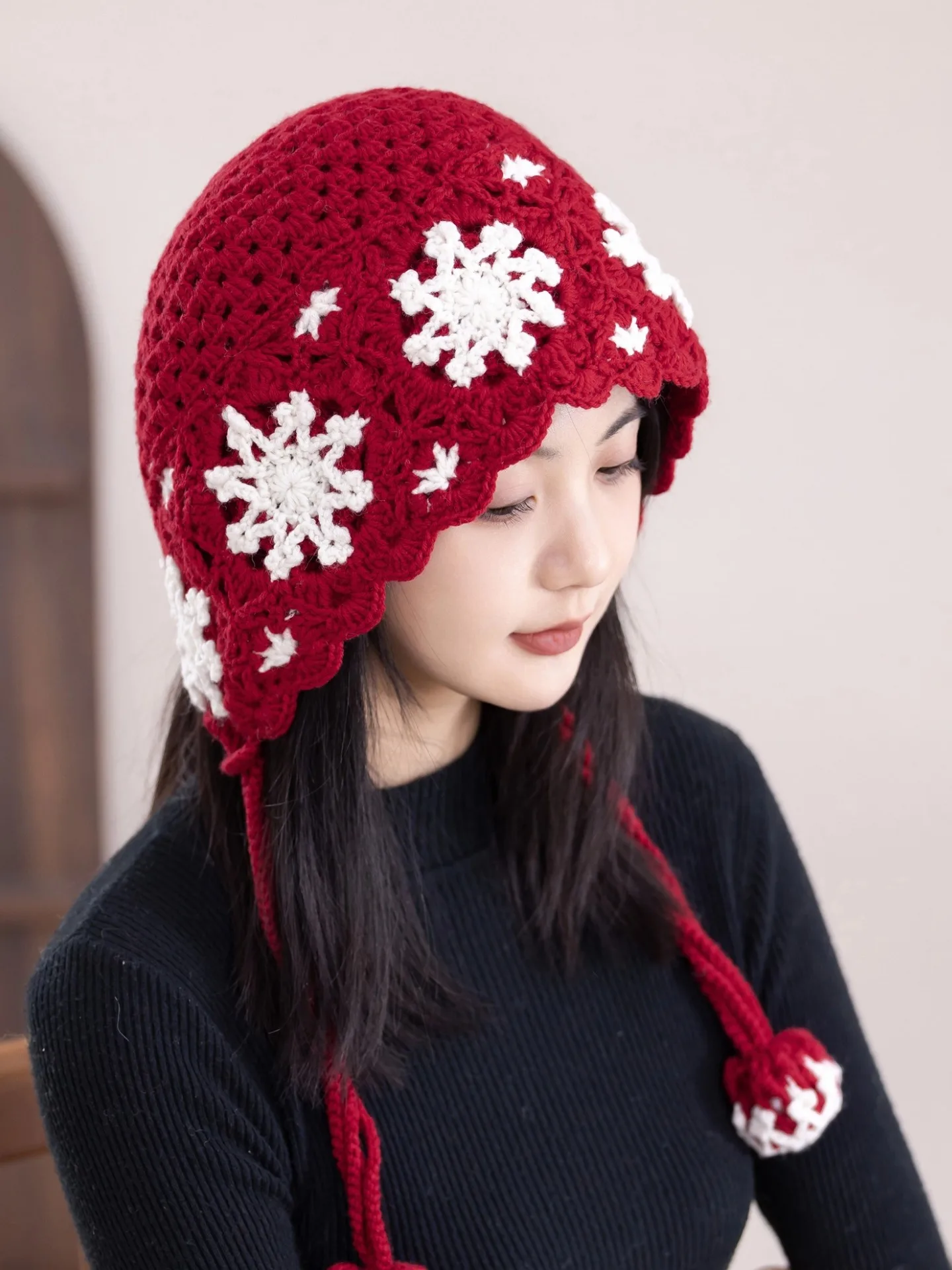 

Handcrafted DIY Wool Yarn Knitting Hat Material Kit Fun Weaving Snowflake Ear Protection Cap Soft Aran Weight Yarn Ball