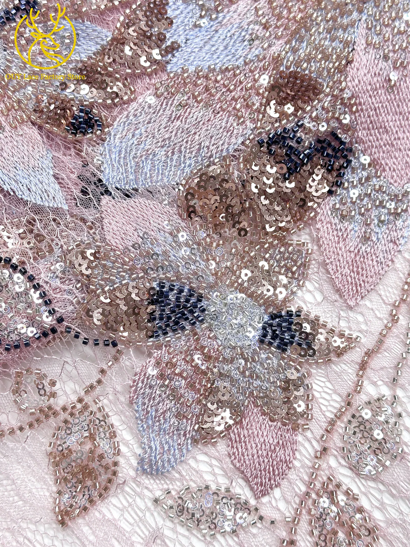 3D-Stickerei-Blattapplikation mit Pailletten, Röhrenperlen und Spitze, hochwertiger französischer Tüllspitzenstoff für Hochzeitskleider, Brautkleider und Partykleider zum Nähen. – Detail 13