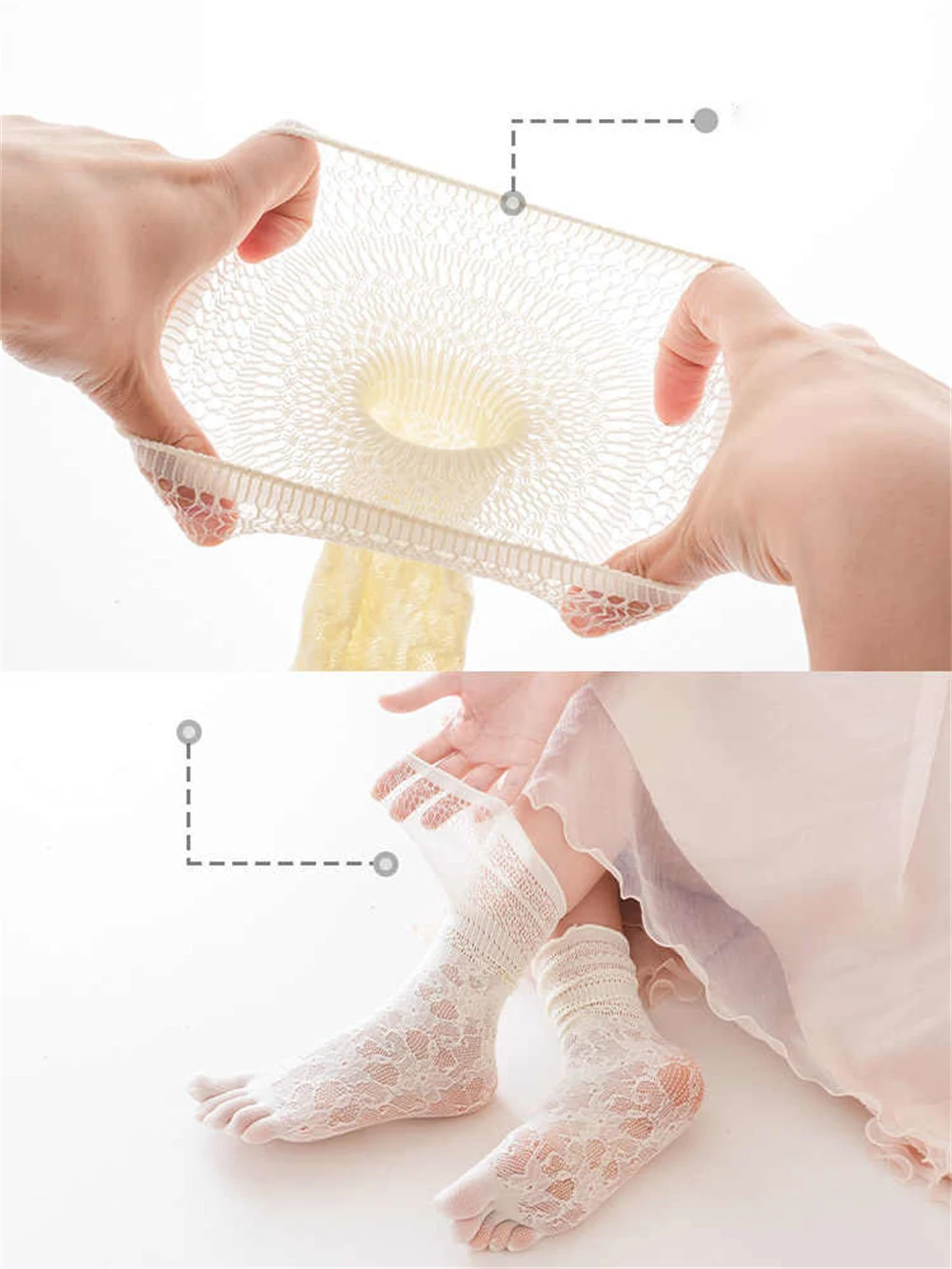 3 pairs Summer Lace Thin Breathable Five-finger Mid-tube Socks Women Split-toe Hollow Skin-friendly Pile Socks Dress Accessories