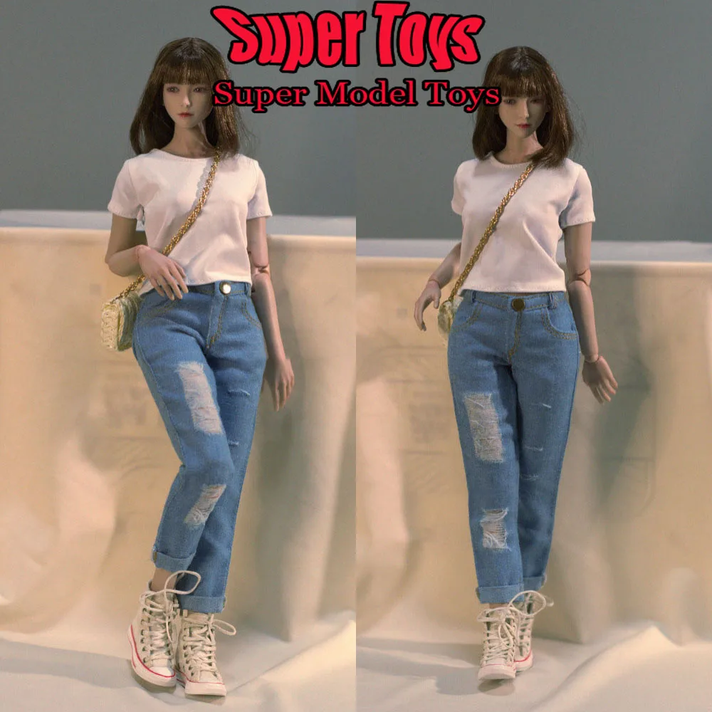 In Stock DMTOYS 1/6 Scale Female Soldier Clothes Broken Jeans White T-shirt Neighbor Girl Set For 12-inches Action Figure Doll