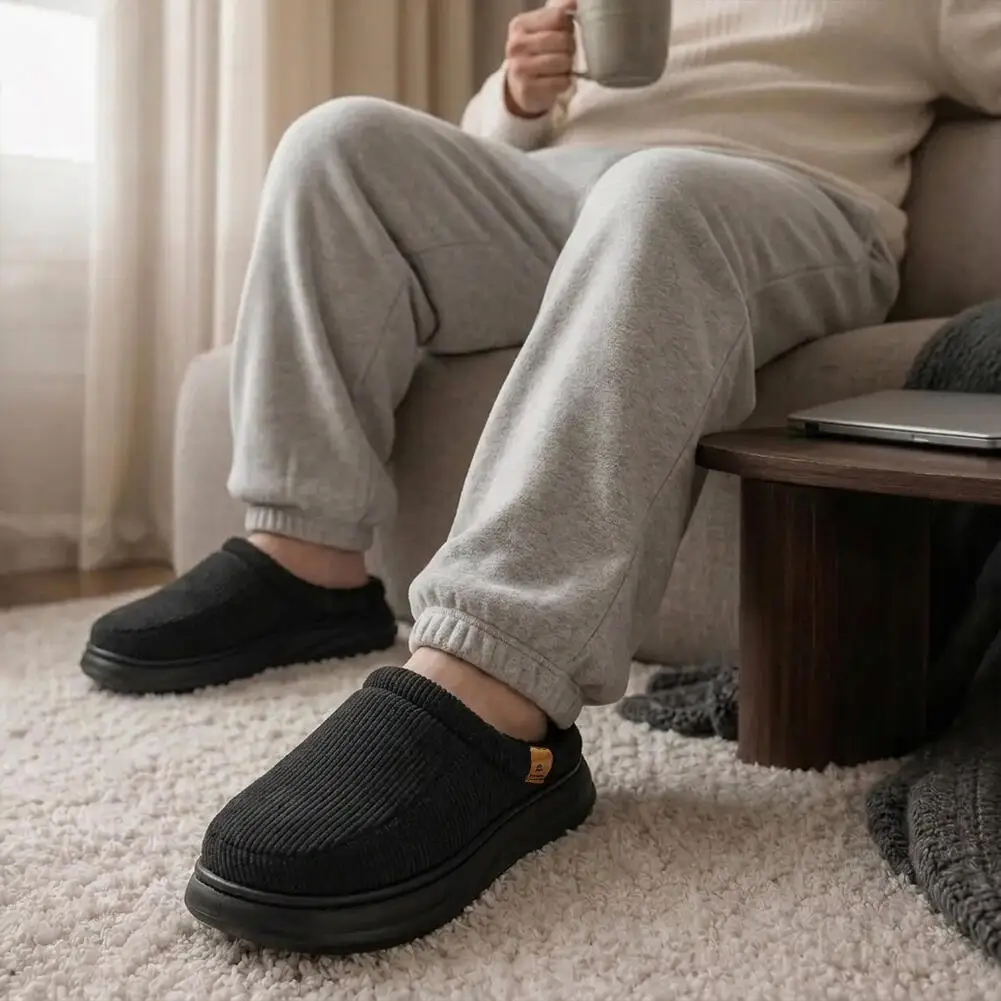 Breit geschnittene Herren-Hausschuhe mit Fußgewölbestütze, EVA-Dicksohle, Obermaterial aus Cord, weiche und bequeme Memory-Schaum-Einlage, Indoor-Schuhe – Detail 9