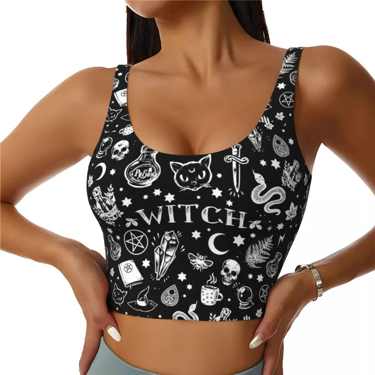 

Custom High Impact Witch Pattern Sports Bra Women Halloween Occult Gothic Magic Gym Workout Yoga Crop Top