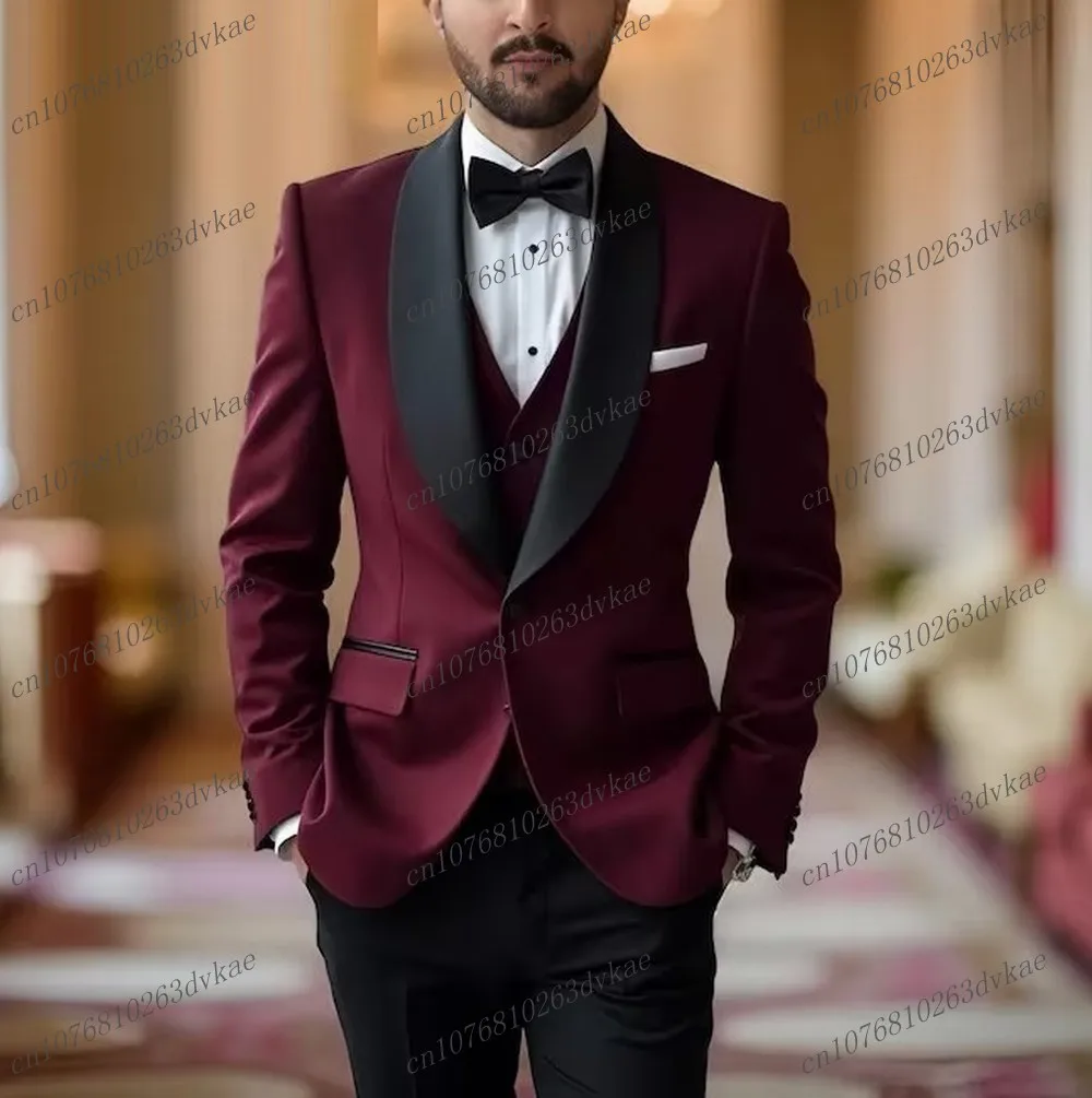 

Бордовый и черный мужской костюм для свадебной вечеринки, формальный жених, жених, выпускного вечера, деловые мужские смокинги, комплект из 3 предметов, куртка, жилет, брюки