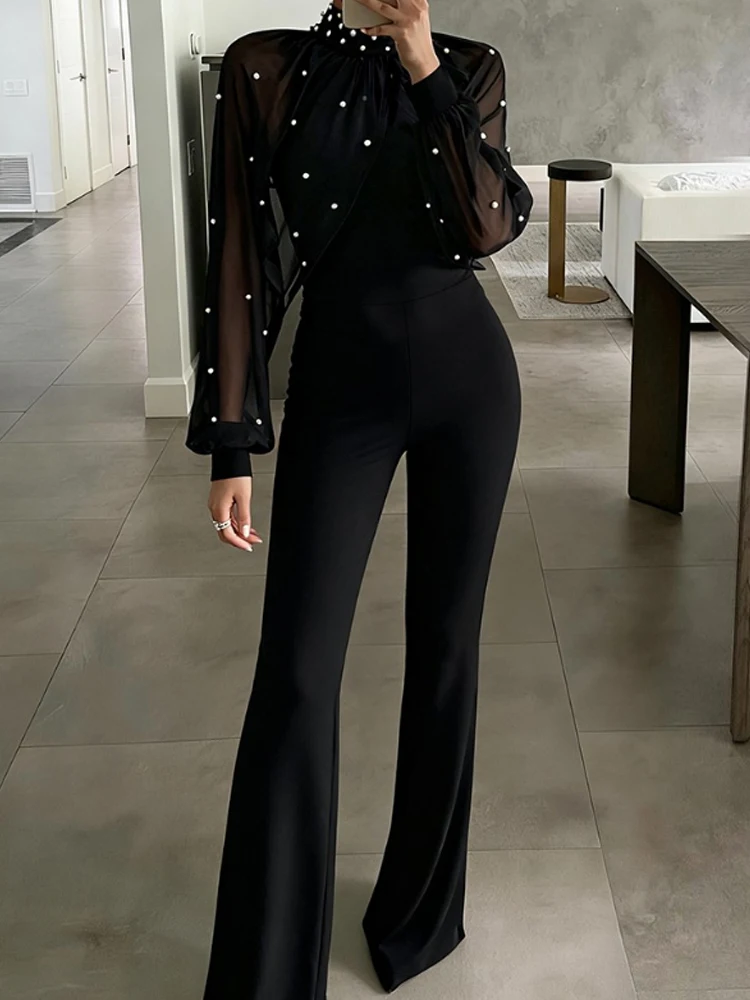 

Pearls Decor High Neck Lantern Sleeve Overalls Casual Ruched Zipper Back Flared Jumpsuit