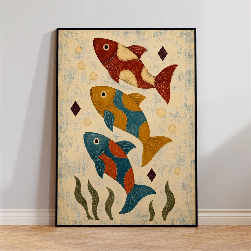 Colorful Octopus Wall Art Prints Colorful Scallop Shell Poster Coastal Wall Decor Nautical Sea Life Print Folk Art Beach Decor