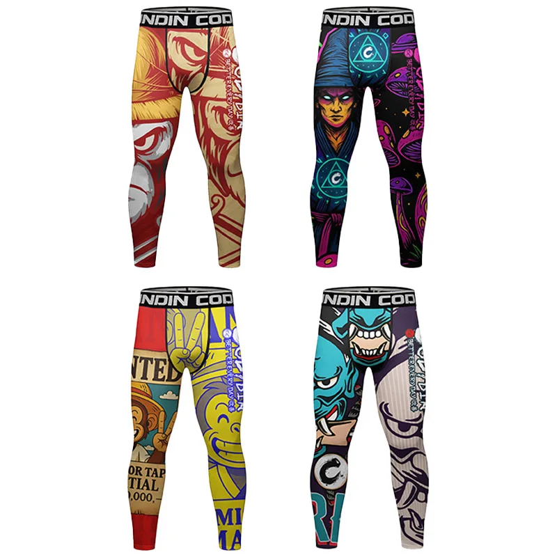 Men's Running Leggings Full Sublimaion Gym Workout Training Jogging Trousers Kickboxing wear MMA Compression Pants Tight Spats