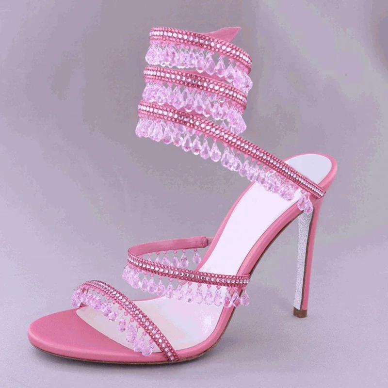 Crystal Pendant Ankle Snake Wrap Sandals Open Toe High Heels Wedding Bridal Shoes Woman Summer 2025 Fashion Luxury Pumps view 6
