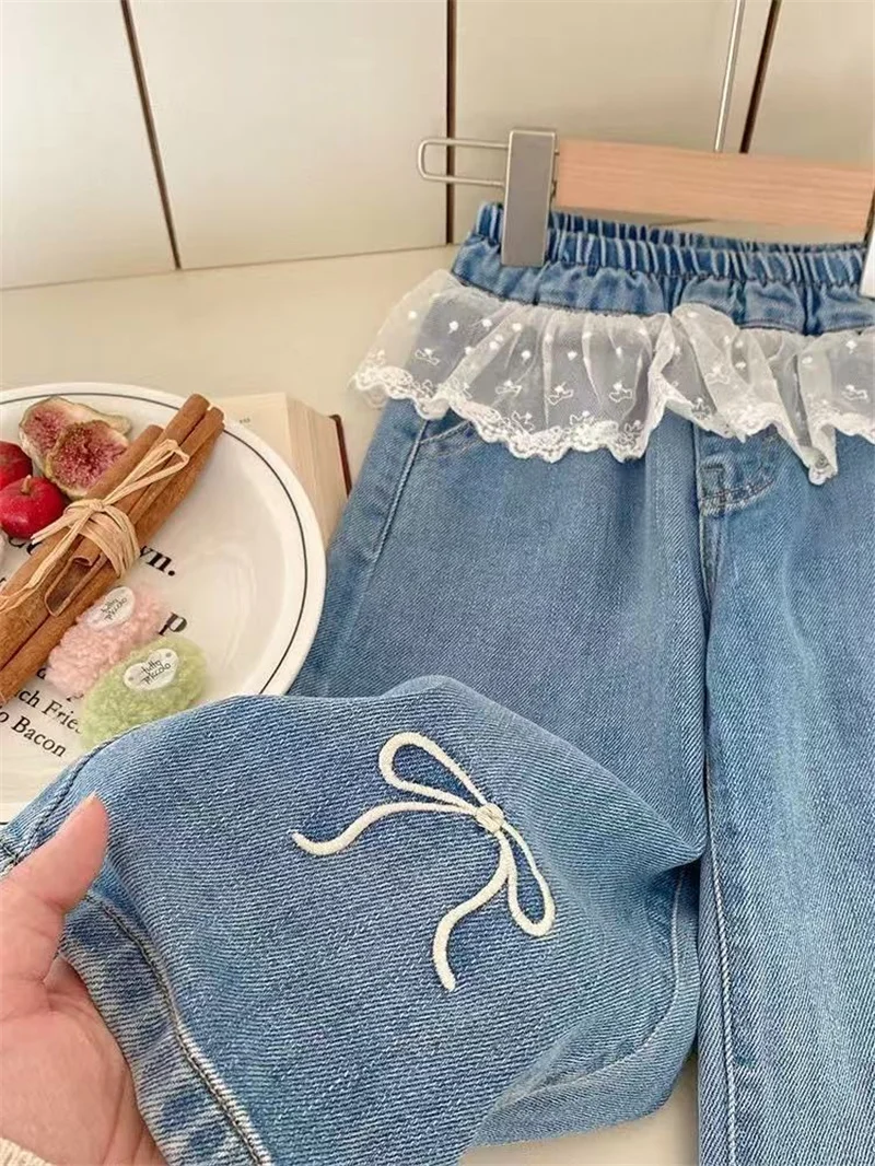 الفتيات خياطة الدانتيل الدنيم السراويل ربيع الخريف المطرزة القوس الجينز الأطفال ملابس الاطفال مستقيم أرجل السراويل فضفاضة