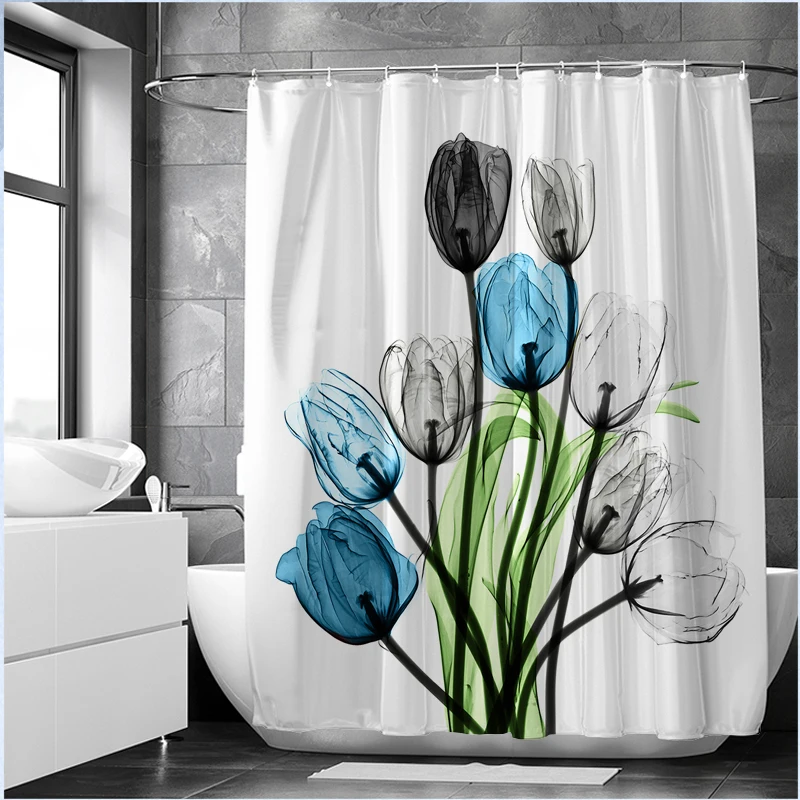 Tulip Rose Printed Shower Curtain With Hook Floral Creative Bathroom Decoration Waterproof Polyester  