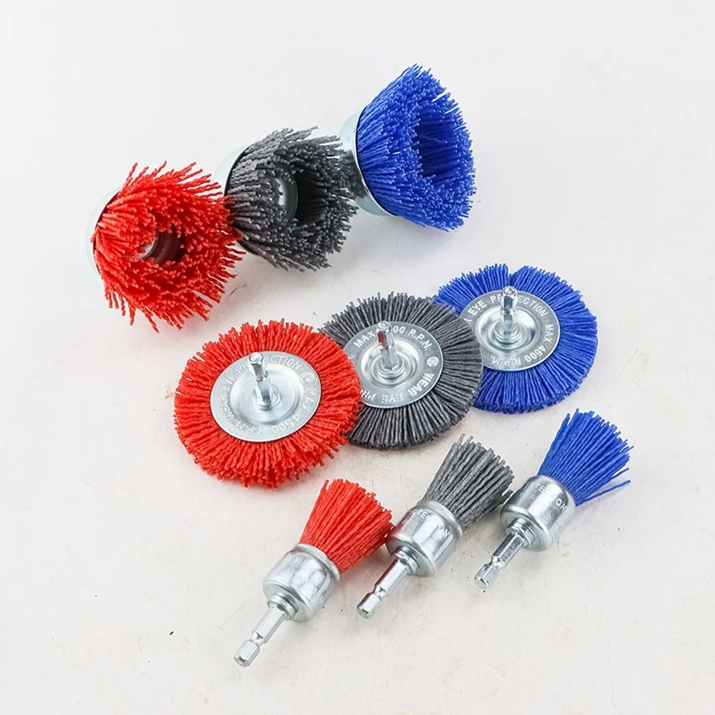 9 Piece Abrasive Nylon Brush Set for For polishing Rust Removal Wood Carving Metal Cleaning with Hexagonal 6mm Shank
