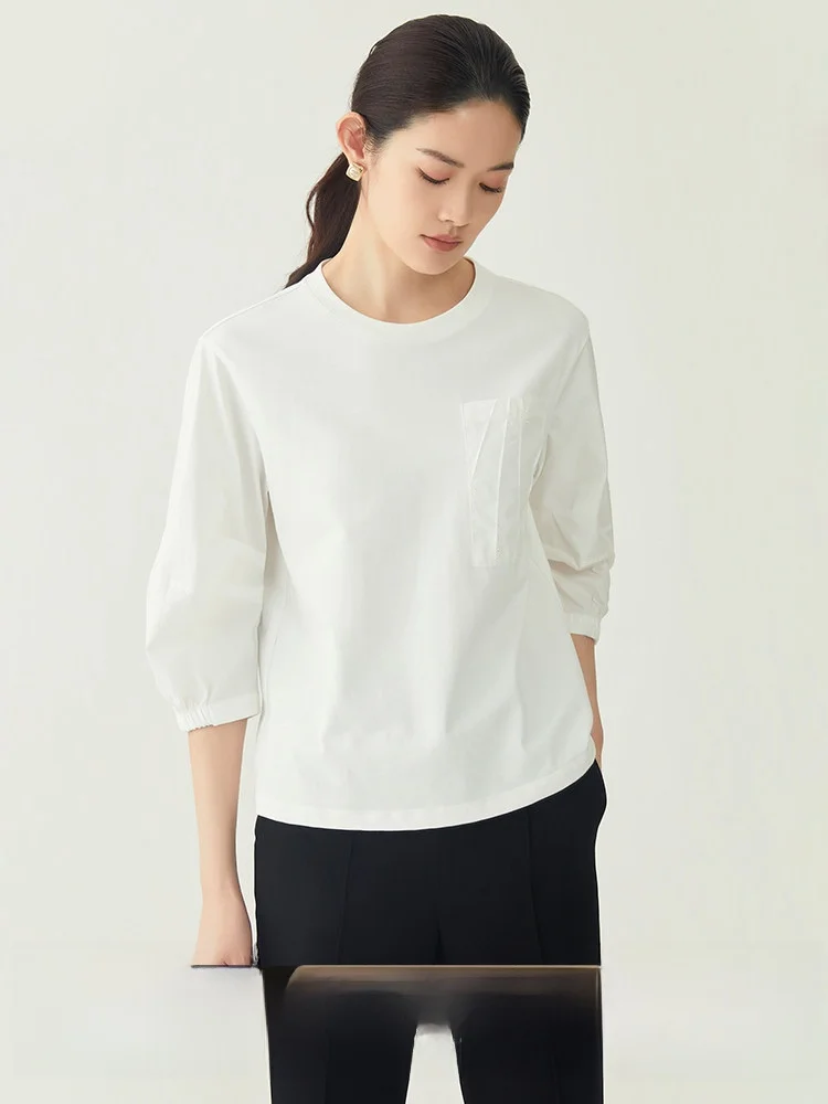 

Женская футболка Zfunzoe из чистого хлопка с объемной вышивкой, классическим узором и рукавом-фонариком, круглый вырез, для повседневной носки