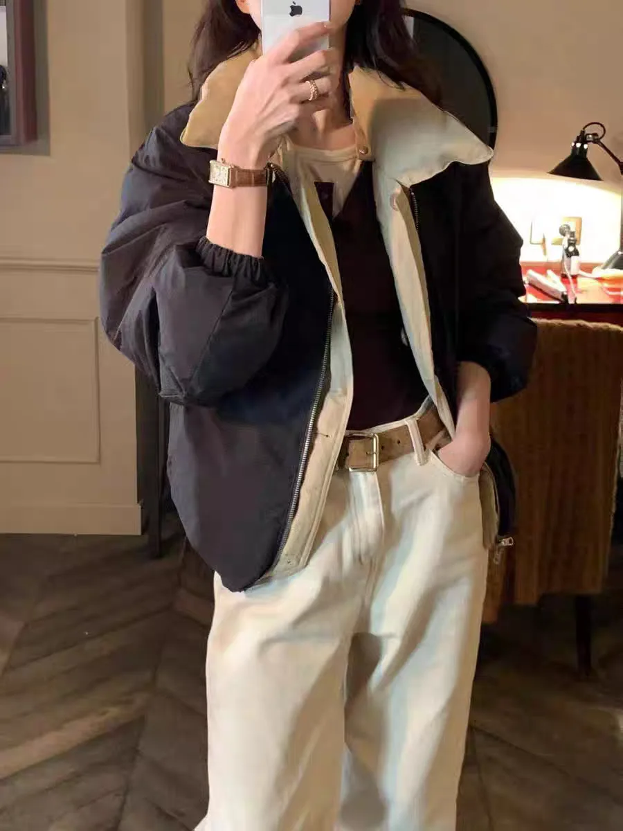   เสื้อแจ็คเก็ตขนห่านแบบสวมใส่ได้สองด้านสำหรับฤดูหนาวปี 2025 ทรงหลวม มีฮู้ด ซิป ผ้าไนลอน สไตล์ลำลอง แขนยาว