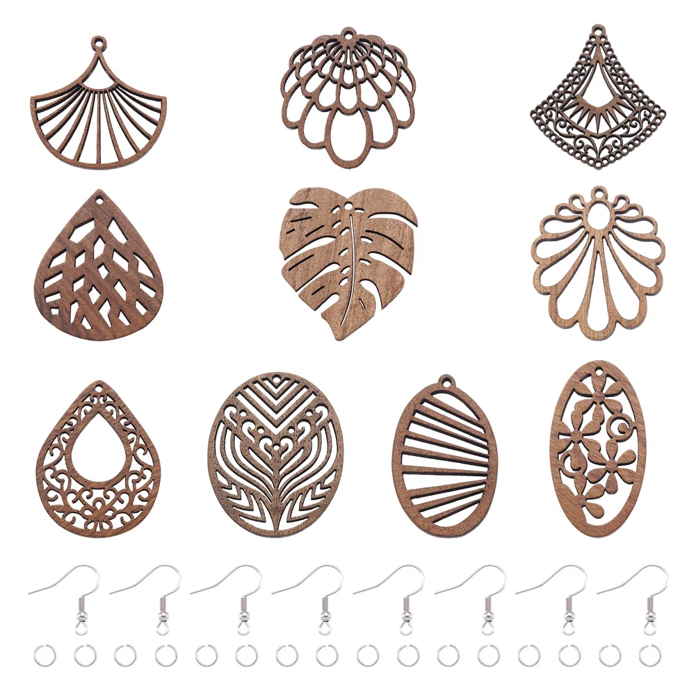 20pcs Vintage Laser Cut Walnut Wood Pendants Hollow Leaf Flower Teardrop Charms for Dangle Earring Jewelry Making Kits Supplies