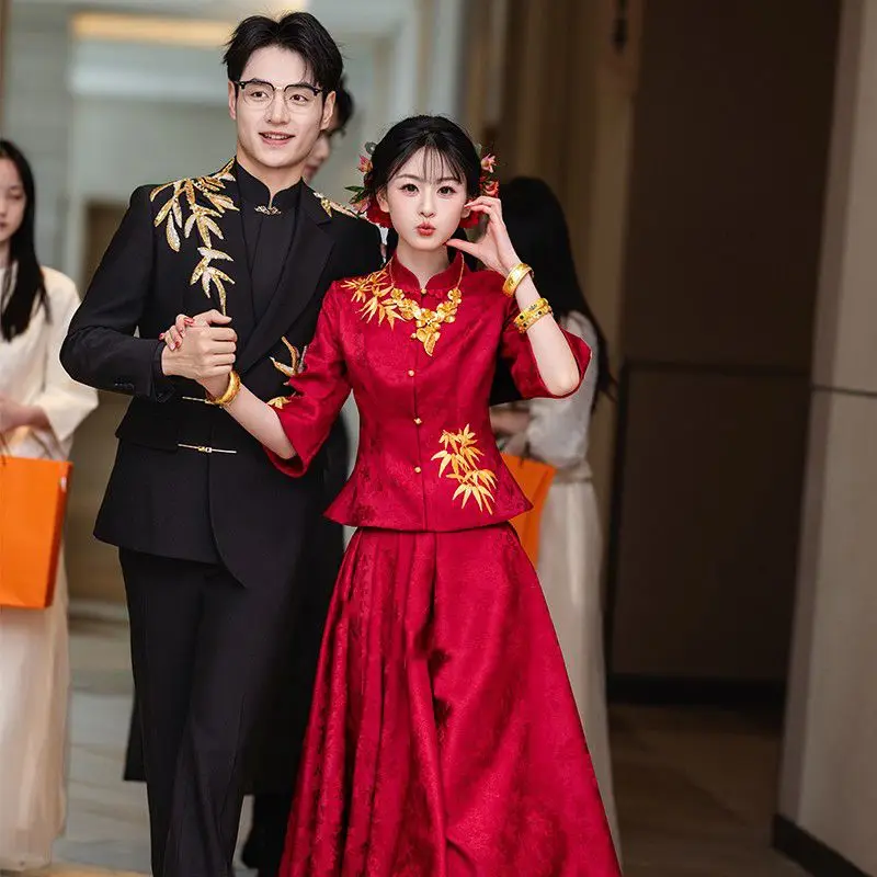 

Yourqipao Red Chinese Wedding Toast Dress New 2025 High-end Two-piece Engagement Evening Qipao Dress