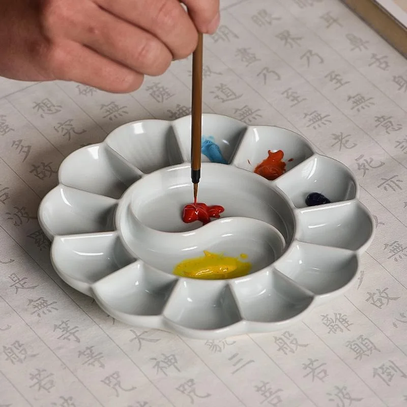 14 Well Chinese Style Ceramic Palette 16x2.2cm Easy To Clean Acrylic Watercolor Gouache Oil Painting Color Mixing and Adjustment