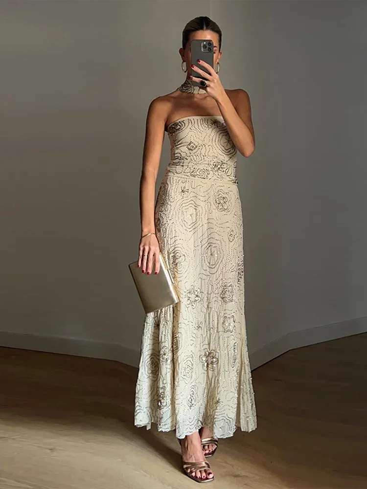 

2025 Элегантный женский комплект с юбкой на шее и бисером, сексуальный комплект без рукавов с принтом, длинная юбка из 2 предметов с высокой талией, пляжная вечеринка, клубный наряд