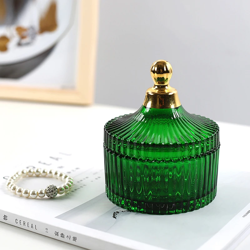 Nordic Retro Dark Green Crystal Glass Storage Box Embossed Jewelry Box Candy Box Bracelet Jewelry Box Desktop Cosmetic Box