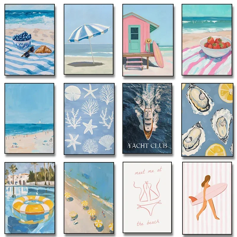 Frameless Canvas Painting Blue Coastal Pink Umbrella Oysters Lemon Sailing Seashell Pattern Surfer Girl Poster Canvas Painting P