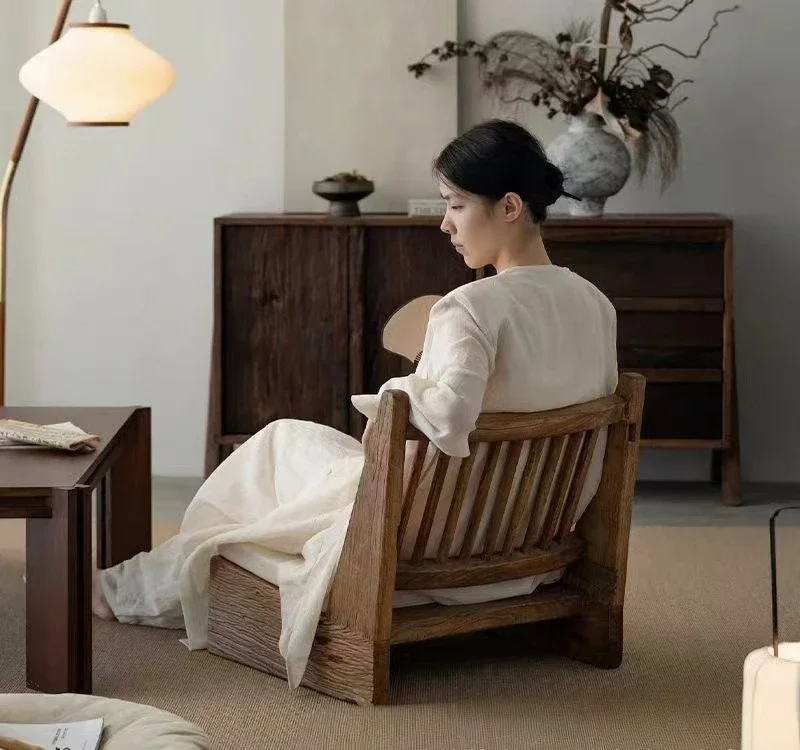 

Medieval style old elm backrest chair simple modern leisure sofa bench household solid wood tatami single chair