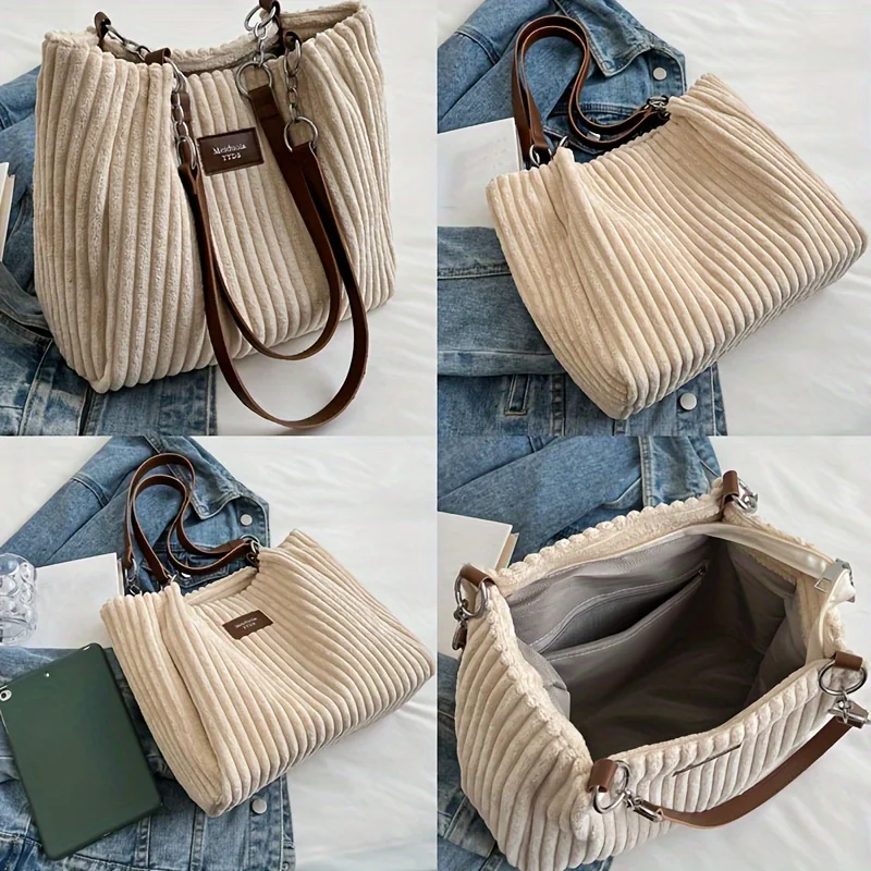 Borsa tote in velluto a coste di grande capacità, borsa a tracolla con catena per donna, fodera in poliestere, chiusura con zip, nero, beige, kaki, verde