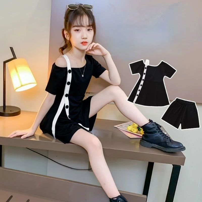 

Girls Suit Summer Clothes 2023 New Fashion Suspender Dress Children's Short Sleeve Two-piece Suit Children's Clothing Sets 2-14y