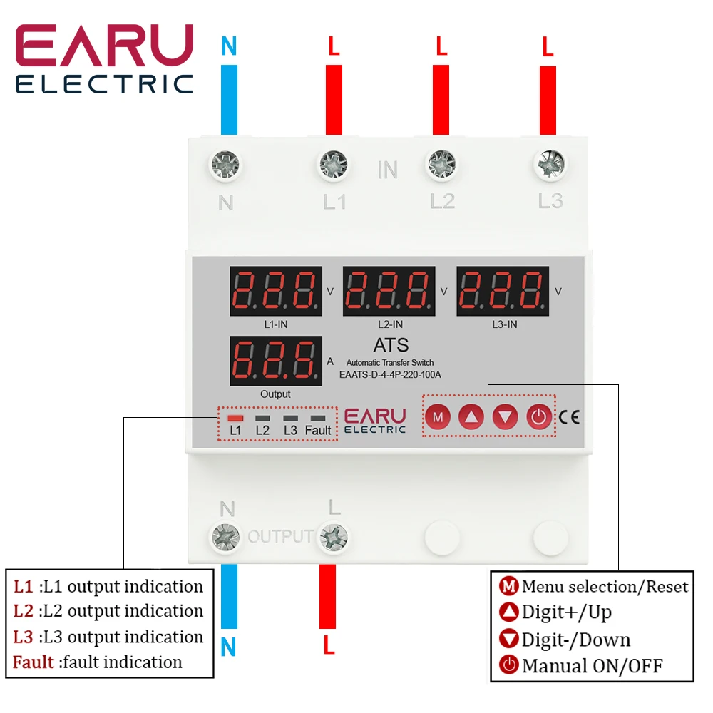 63A 100A 3 Phase 3P+N Over Under Voltage Protector ATS Automatic Transfer Switch Phase Selector Uninterrupted Power Over Current