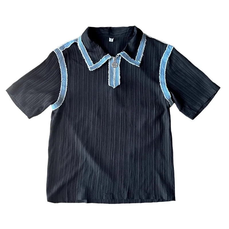 الكورية الصيف مخطط التلبيب تي شيرت الرجال قصيرة الأكمام لوس عادية نصف سستة قمصان بولو الأعمال الاجتماعية تيز الرجال الملابس #5