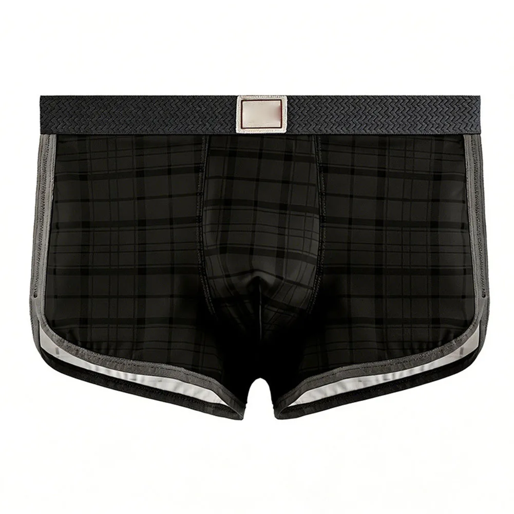 Men Ice Silk Plaid Boxer Shorts Bulge Pouch Underwear Underpants Trunks Panties Breathable Mens Boxers Cuecas Masculinas Boxer