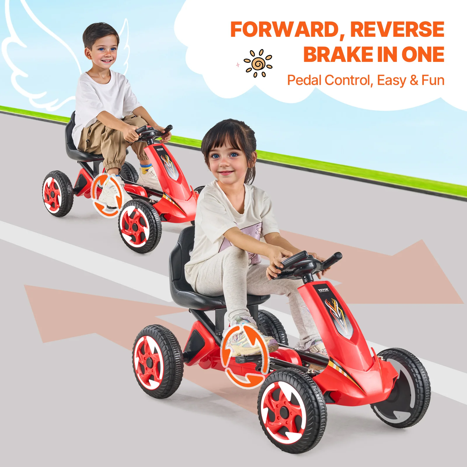 VEVOR Carrito de Pedales de 4 Ruedas para Niños con Volante, Asiento Ergonómico Ajustable y Freno de Mano, Ruedas Antideslizantes, Carga de 29,5 kg Coche de Pedales para Niños de 3 a 8 Años, Rojo