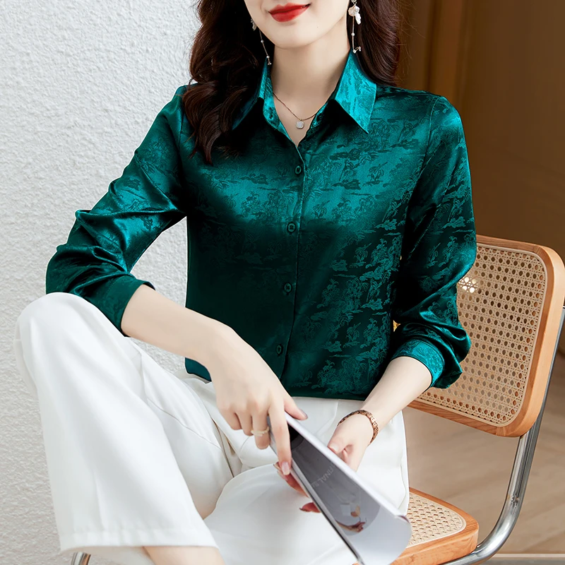 Chemise Jacquard en Satin pour femmes, élégante, mode printemps-automne, hauts professionnels, col rabattu, simple boutonnage, chemisier pour femmes
