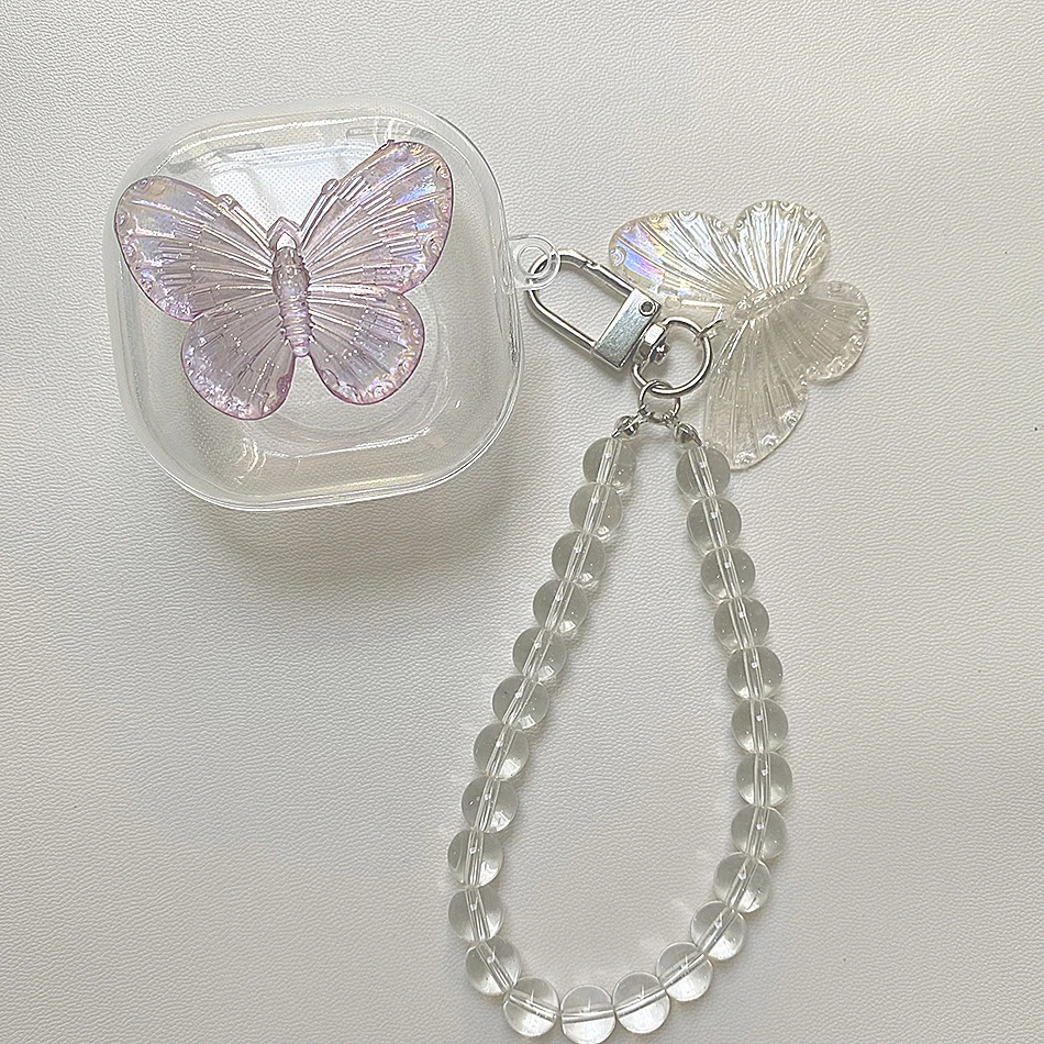 For Samsung Galaxy Buds 2 / Buds live / buds Pro Case Luxury Crystal Butterfly Keychain Shell Silicone Clear Earphone Cover