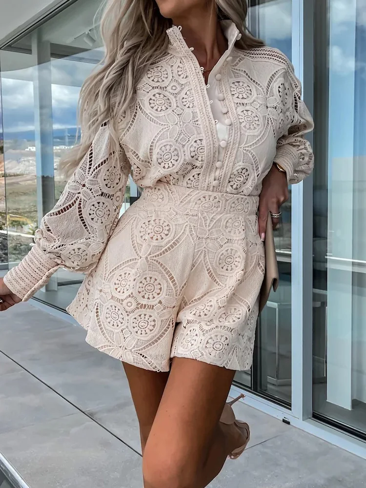 Hook Flower hollow Lace Shorts Matching Suit Elegant Office Women Solid Two Piece Set Slim Fit Long Sleeve Mini Shorts Lady Suit