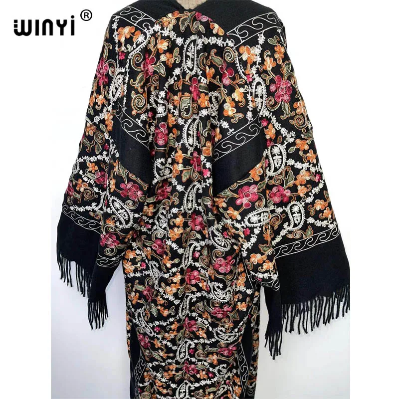 WINYI Winter Women tassel Pashmina Embroidery Long Coat Loose Lapel robe femme Thick Warm free size Middle East Female KIMONO