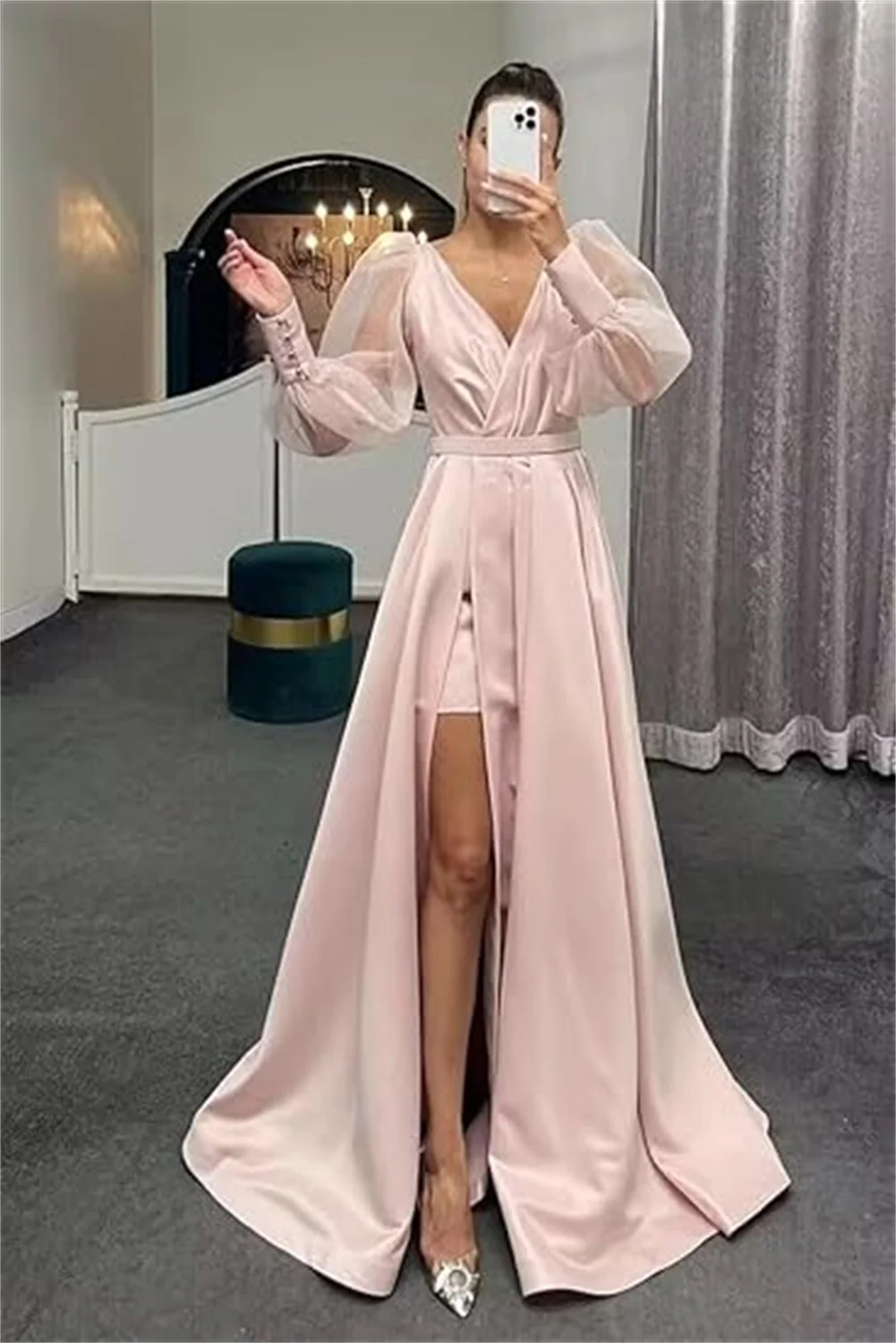 

Customized Long Sleeves Satin Black Prom Dress For Women Tulle Ball Gown A Line Formal Evening Dresses Deep V Neck Wedding Gowns