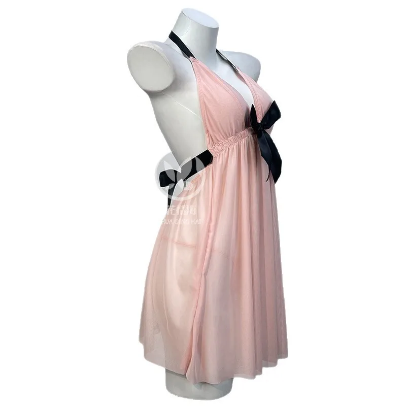 

Sexy Transparent Mesh Pleated Strap Nightdress Pure Desire Style Bowknot Exquisite Sleepwear Dress For Woman Charming N68S