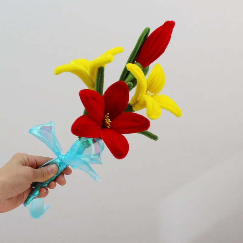 PIPE Yellow Red Lily flowers Bouquets Handmade Artificial Flower Christmas‘ Day Gifts For Mom Girlfriend Fake Flowers Home Decor