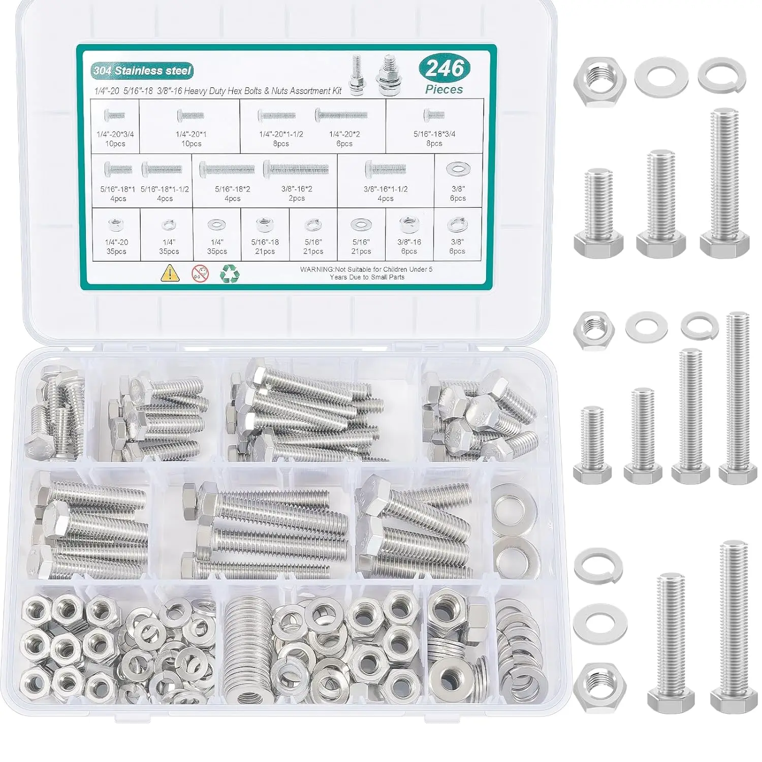 

246PCS Heavy Duty Hex Bolts and Nuts Kit, 1/4-20, 5/16-18,3/8-16 Nuts and Bolts Assortment Kit,304 Stainless Steel Bolts and Nuts Kit,Lock and Flat Washers with Storage Box
