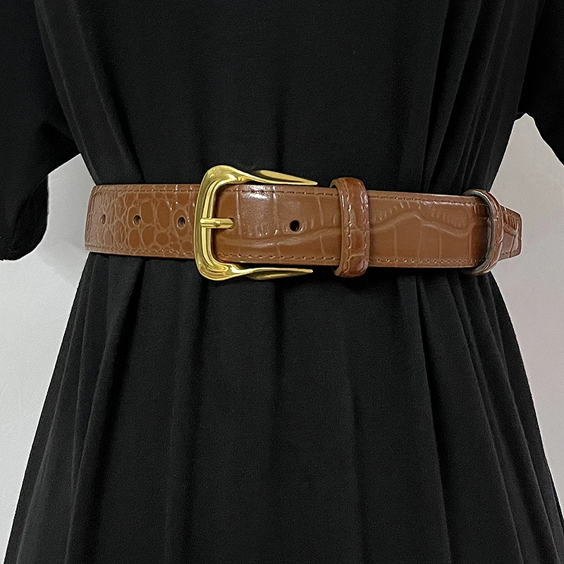 Cowhide Gold-Plated Buckle Belt Original Retro Classic Embossed Ladies Crocodile Belt Versatile Genuine Leather Trend 2.8cm Widt