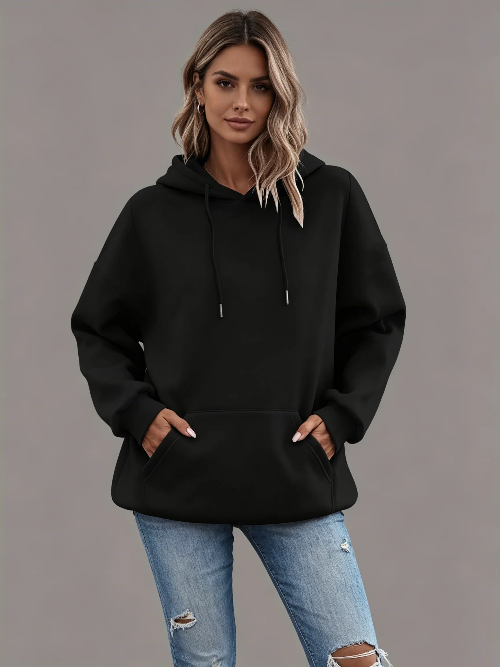 Hooded drawstring long sleeved sweatshirt with loose shoulder pockets for women's casual pullover