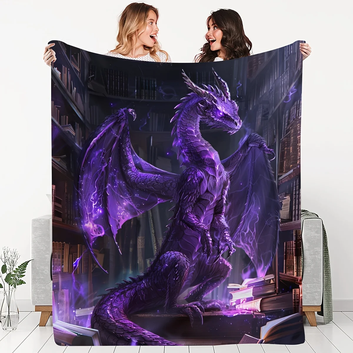 

Enchanted Mystic Dragon Soft Throws Gift for Book Lovers, Lodge Style Flannel Fleece Blanket with Fantasy Creature Design, All-S