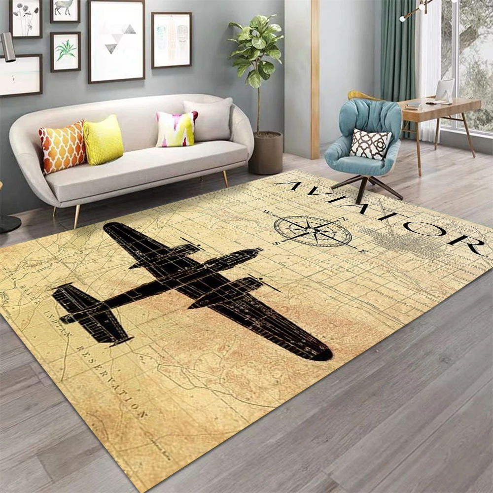 Teppich mit Fliegermotiv, schwarzes Flugzeug-Karten-Design, Retro-Kompass-Muster, großer Teppich für Wohnzimmer, Heimdekoration