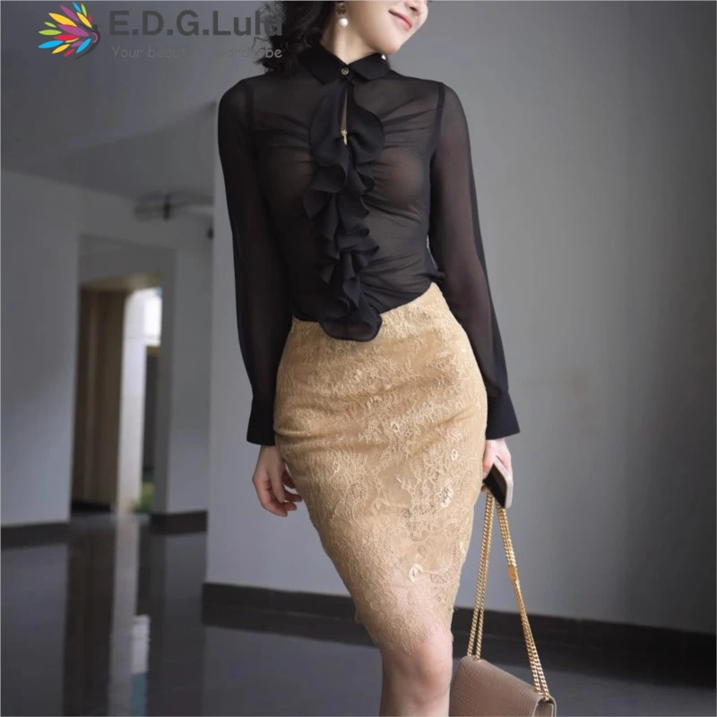 

EDGLuLu High Waisted See Through Hollowed Out Embroidered Lace Skirt Leisure Street Golden Lace Midi Skirt 2025 Summer 0829