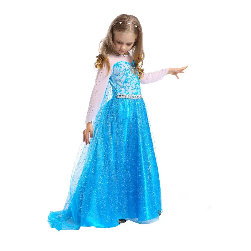 Girl Elsa Costume Long Sleeve Princess Dress Snow Queen Costume Cosplay Dress Up with Accessories Birthday Party Carnival Easter