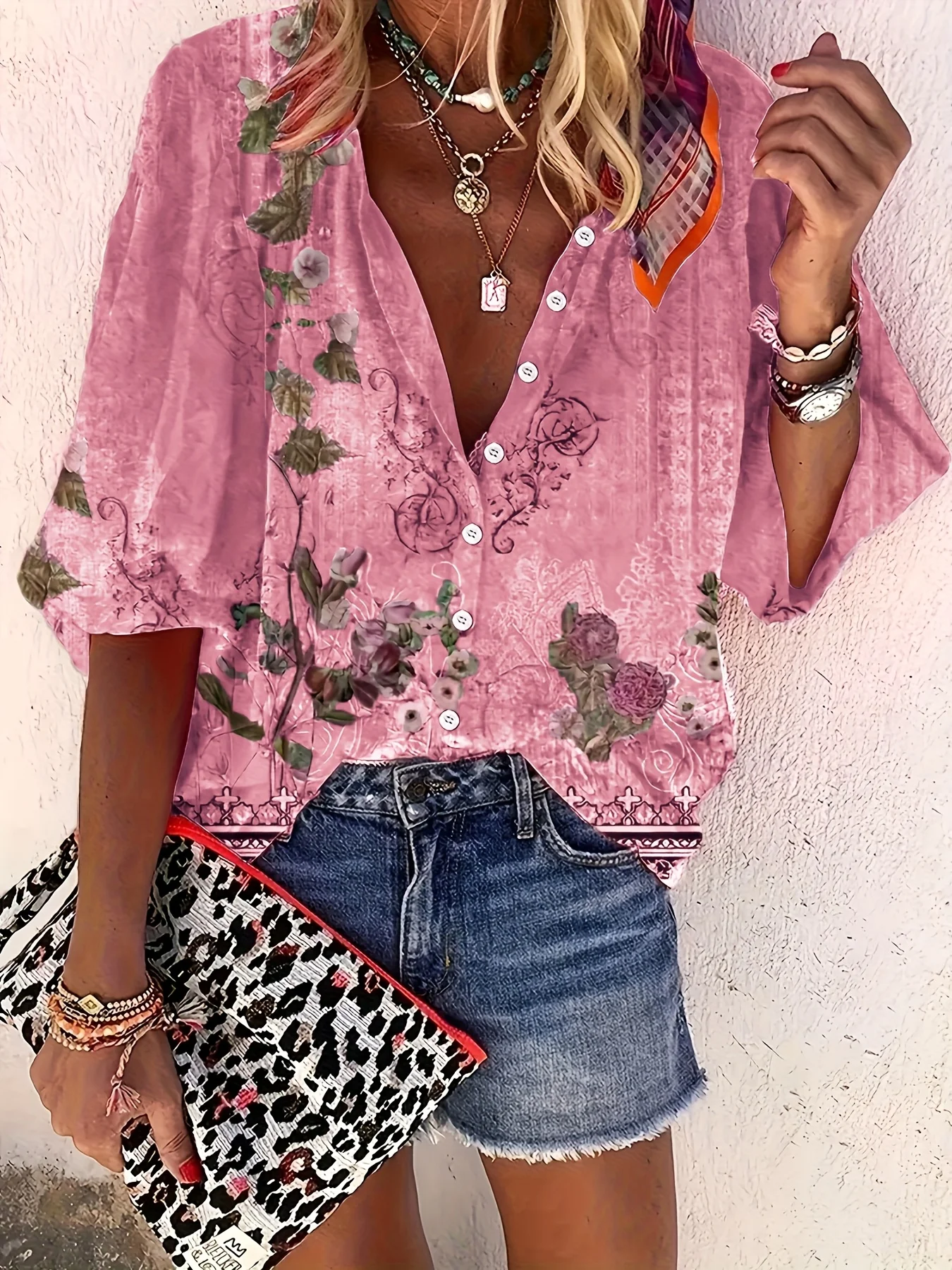 

Western ethnic style geometric print three-quarter sleeve women's shirt