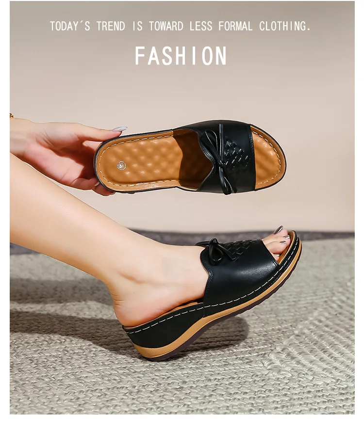 

Vintage round-headed electric embroidery sandals for women, stitch-sewn, anti-slip, wedge heel, comfortable, large size