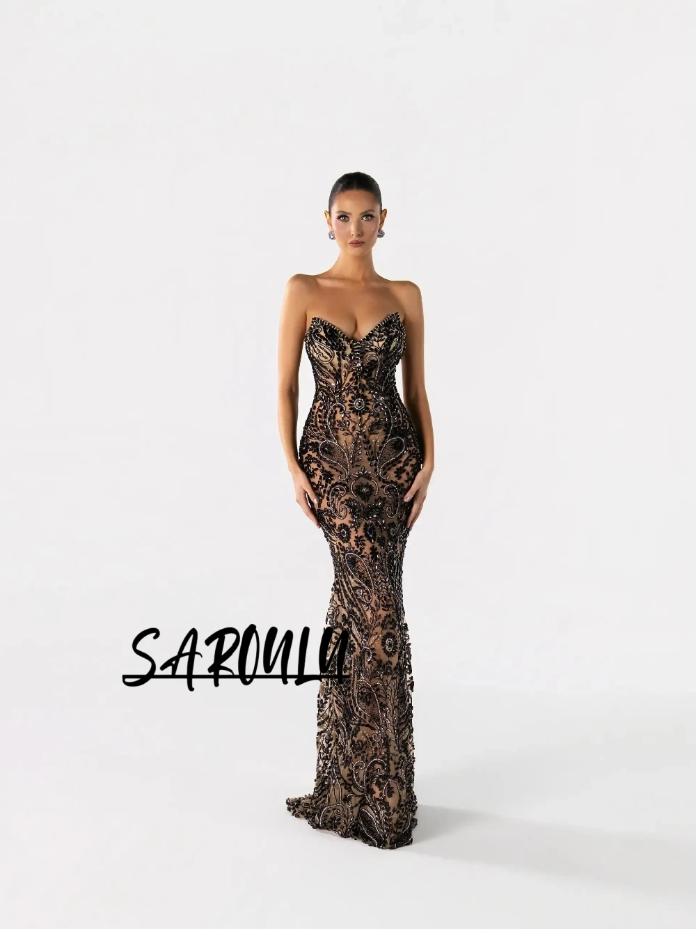 Black Illusion Bodycon Evening Dress Stunning Beads Crystals Wedding Guest Party Wear Customized V Neck Fashion Prom Gown