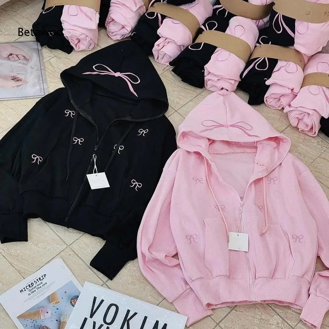 Women's Zip Up Hoodie and Sweatpants Set Casual Long Sleeve Pullover with Bowknot Decoration Soft Fleece Lined Jogger Two Piece