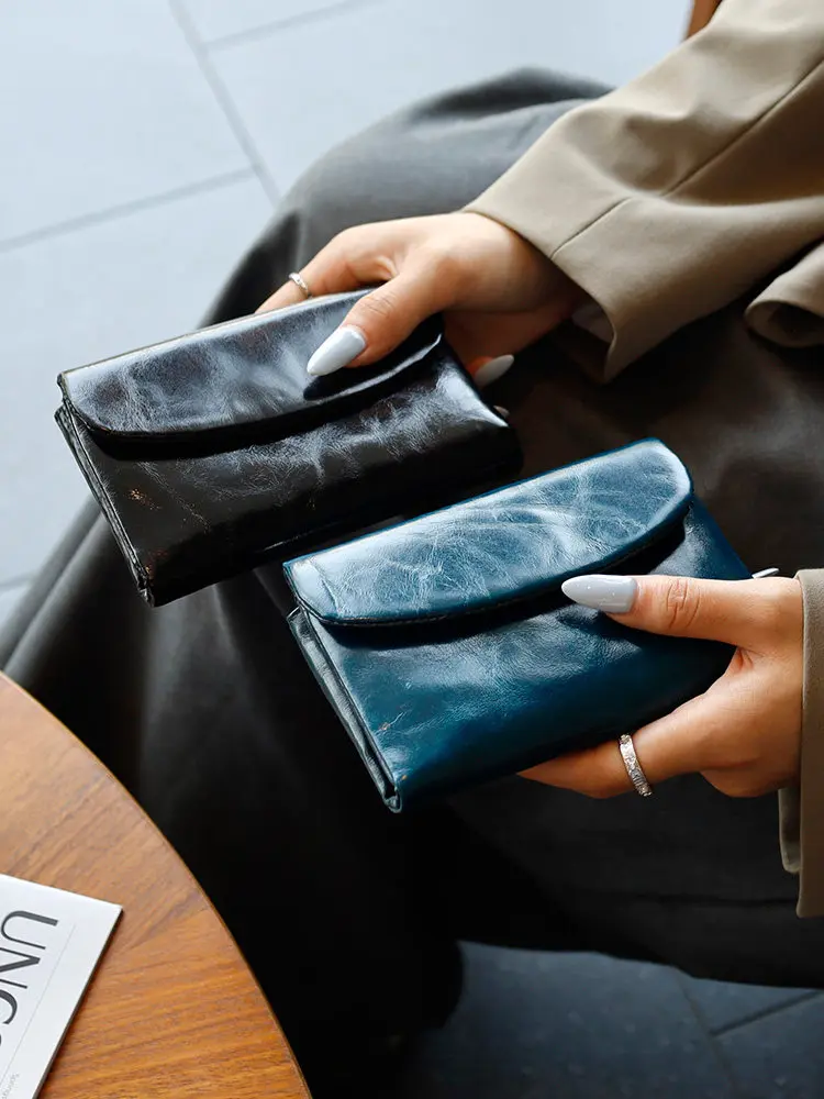 oil-wax-top-layer-cowhide-short-wallet-women's-three-fold-large-capacity-multi-card-slot-coin-purse-korean-style-student