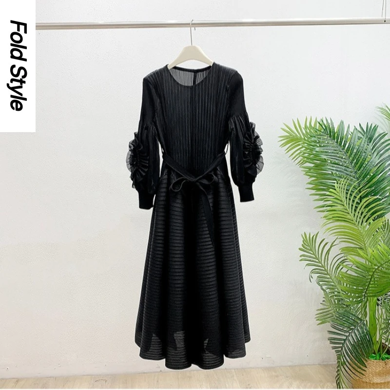 

Платье Miyake 2026: Новинка Весны, с рукавами-фонариками, плиссированное, с цветочным узором, многоярусная юбка